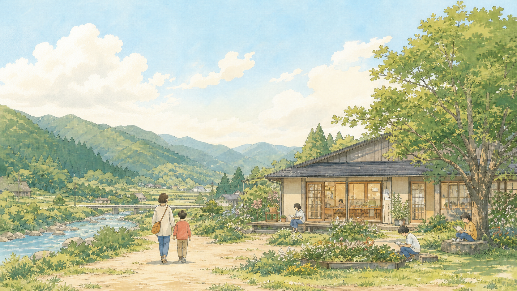 宮崎県北の山と川、木の家のまわりで思い思いに過ごす親子や子どもたち